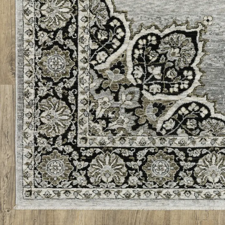 5' X 8' Gray And Black Medallion Area Rug With Fringe