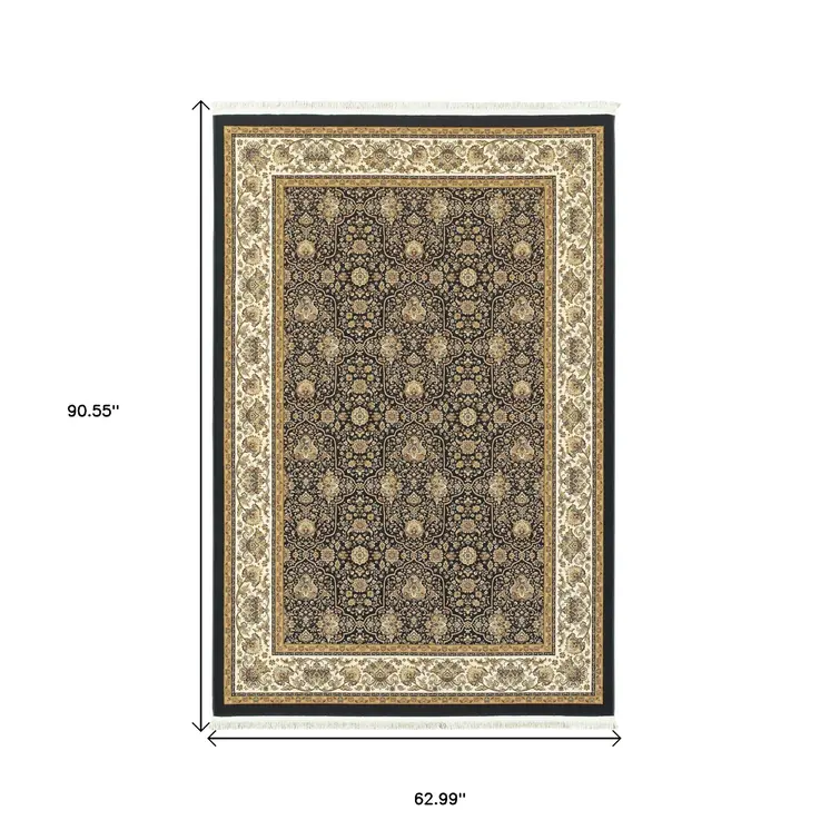 5' X 8' Ivory Oriental Area Rug With Fringe