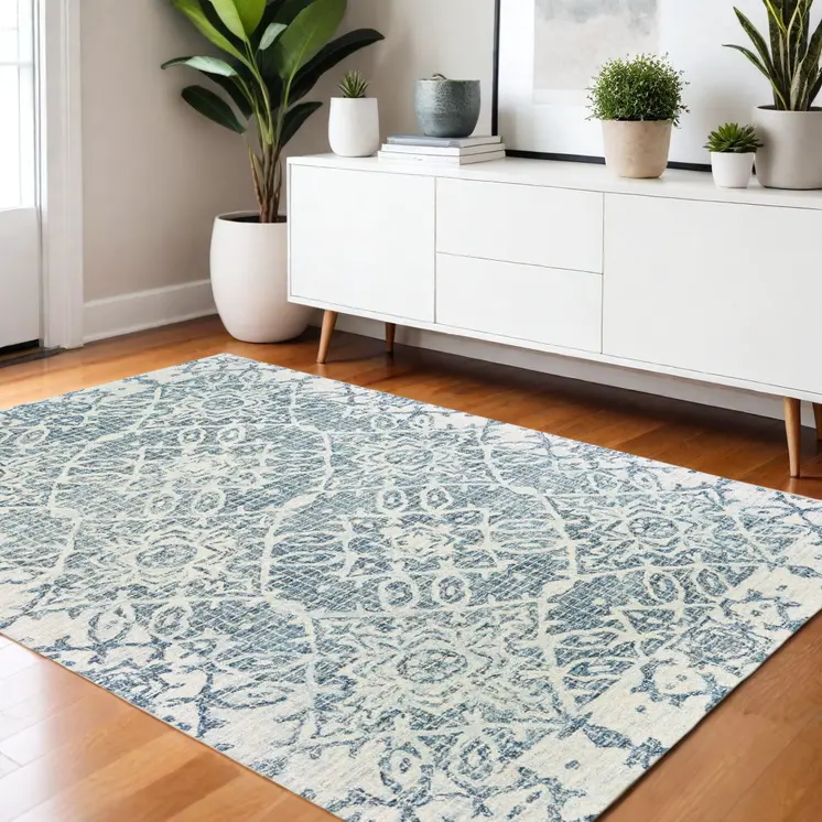 4' X 6' Blue And Ivory Wool Geometric Hand Tufted Area Rug