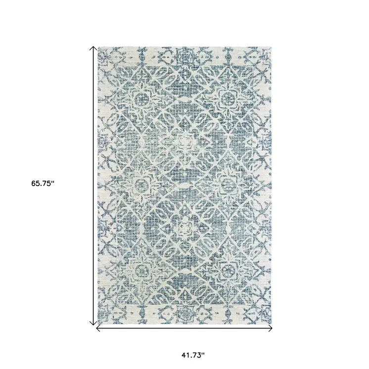 4' X 6' Blue And Ivory Wool Geometric Hand Tufted Area Rug