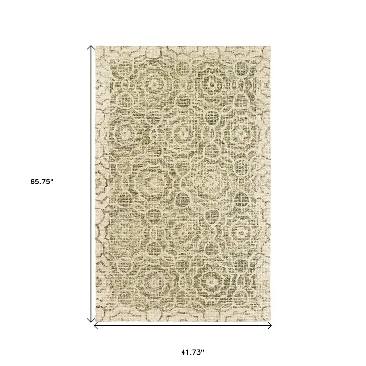 4' X 6' Green And Ivory Wool Geometric Hand Tufted Area Rug