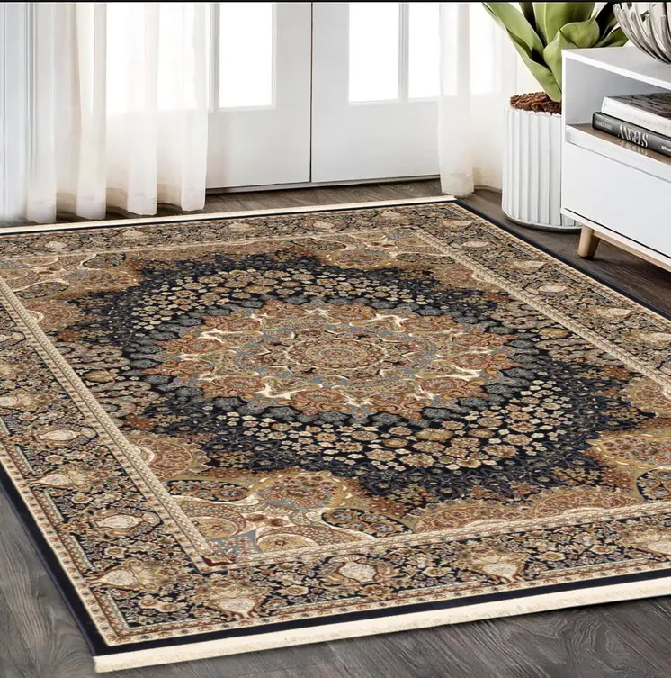 5' X 8' Navy Blue Tan And Black Medallion Area Rug With Fringe