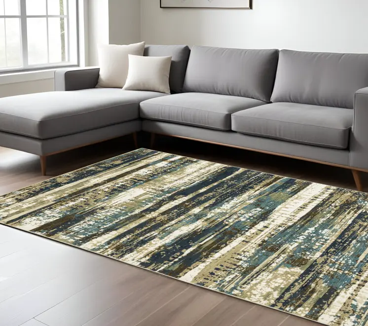 7' X 10' Beige And Blue Abstract Area Rug