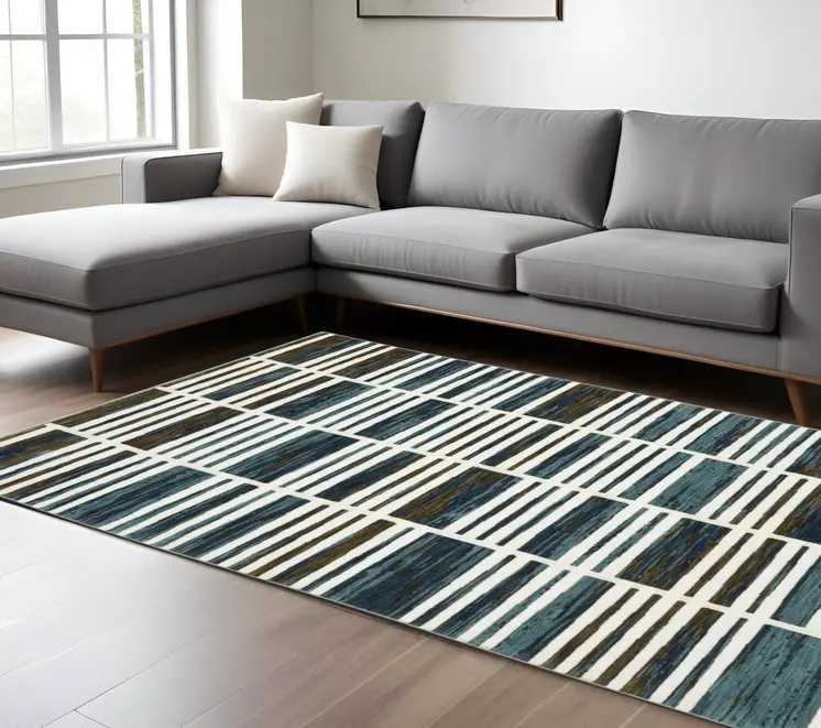7' X 10' Ivory And Blue Geometric Area Rug