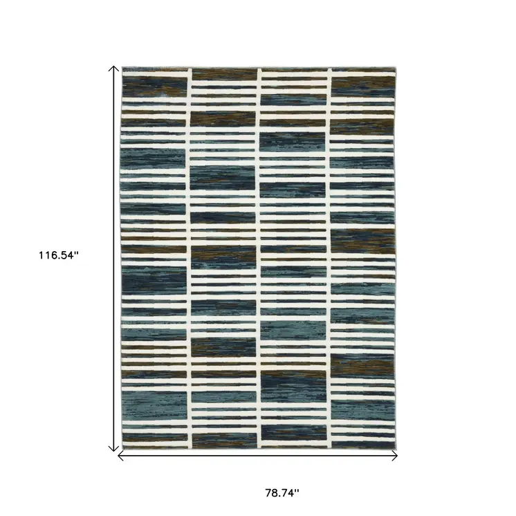 7' X 10' Ivory And Blue Geometric Area Rug