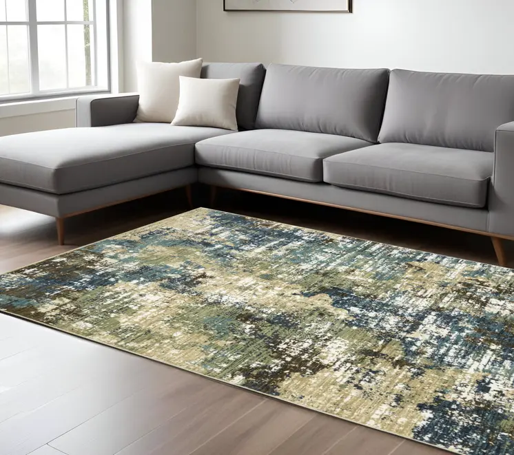 7' X 10' Blue And Green Abstract Area Rug