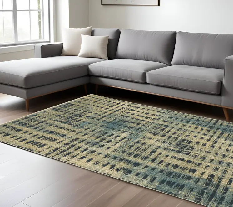 7' X 10' Beige And Blue Geometric Area Rug