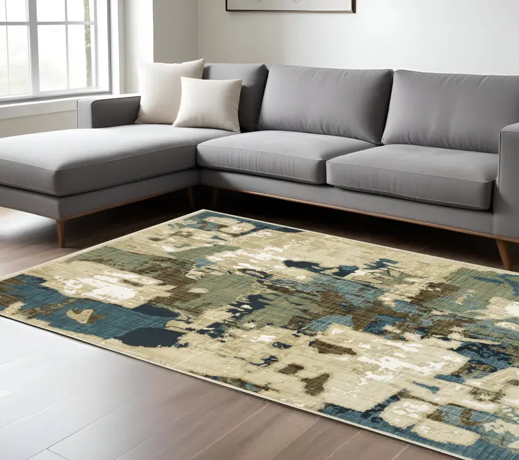 7' X 10' Beige Brown And Blue Abstract Area Rug