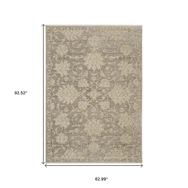5' X 8' Gray And Beige Floral Area Rug With Fringe
