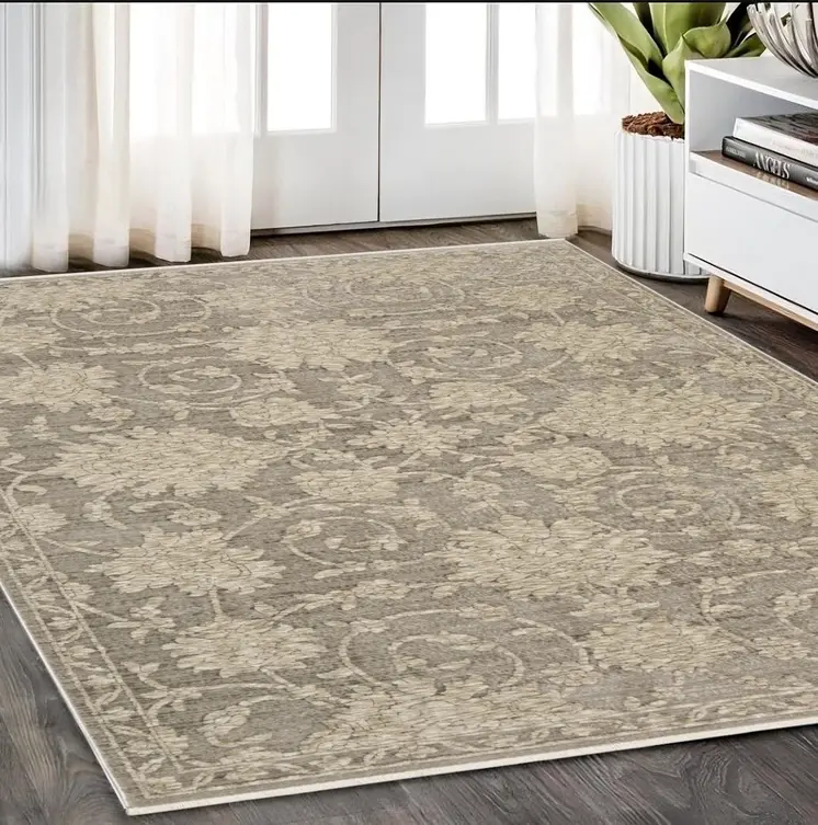 5' X 8' Gray And Beige Floral Area Rug With Fringe