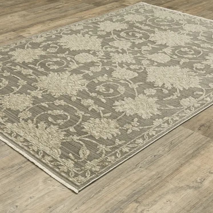 5' X 8' Gray And Beige Floral Area Rug With Fringe