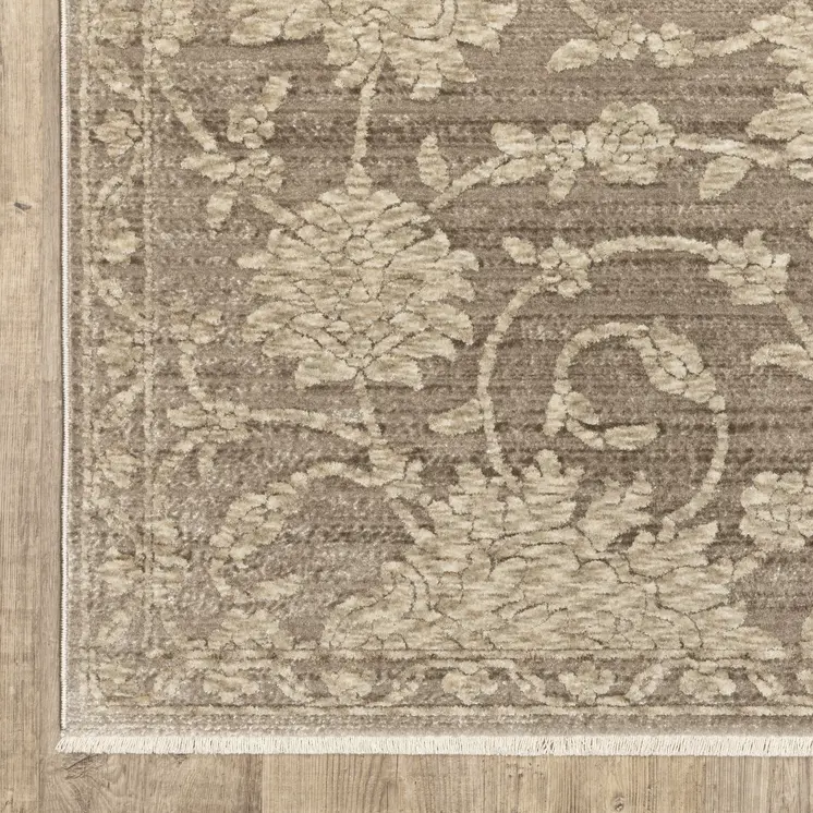 5' X 8' Gray And Beige Floral Area Rug With Fringe
