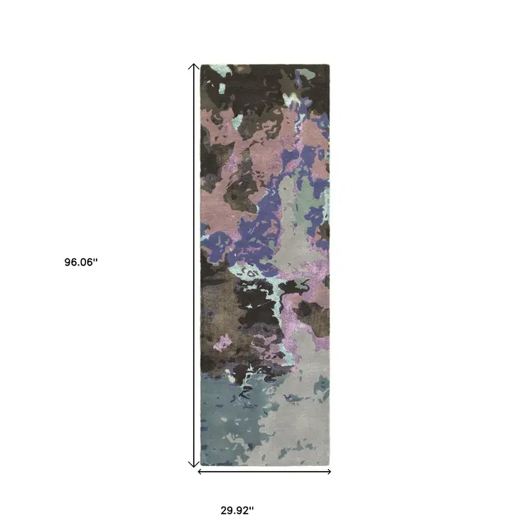 8' Blue And Purple Abstract Hand Tufted Runner Rug