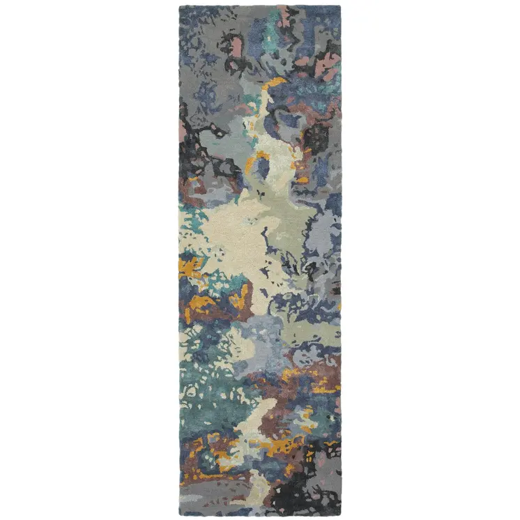 8' Blue And Gray Abstract Hand Tufted Runner Rug