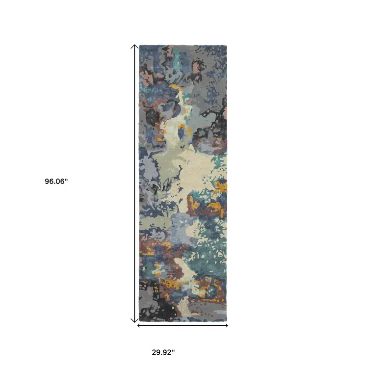 8' Blue And Gray Abstract Hand Tufted Runner Rug