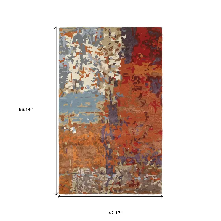 4' X 6' Orange Ivory And Teal Abstract Hand Tufted Area Rug