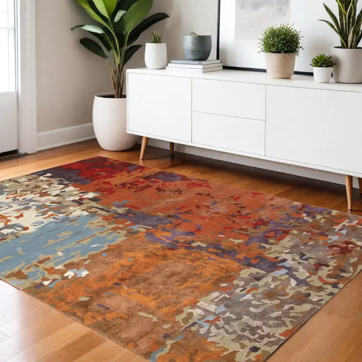 4' X 6' Orange Ivory And Teal Abstract Hand Tufted Area Rug