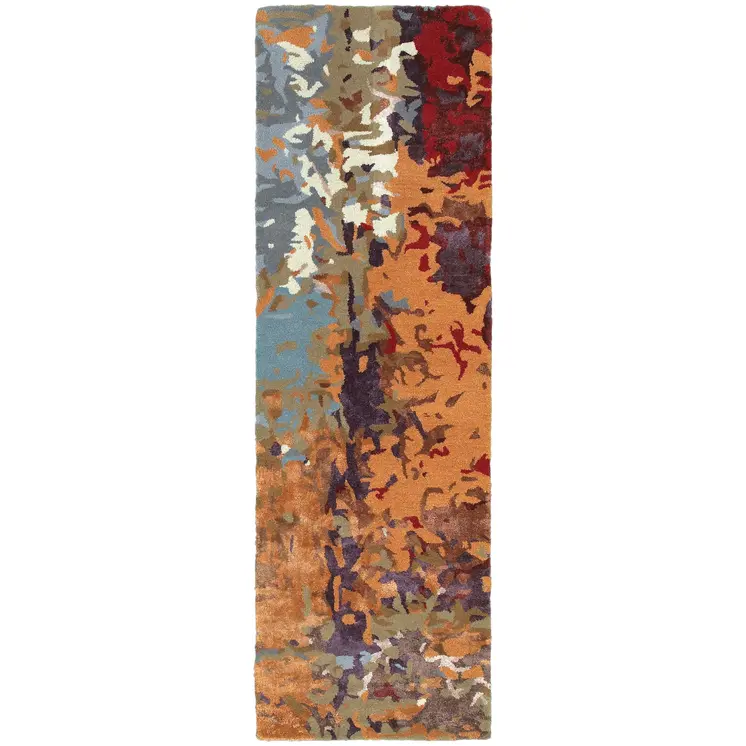 8' Orange Ivory And Teal Abstract Hand Tufted Runner Rug