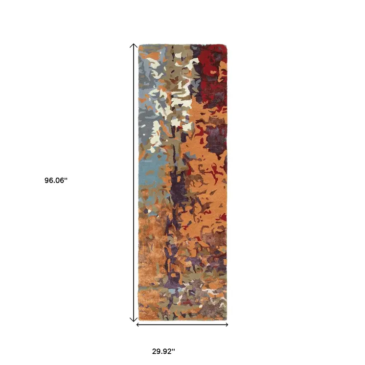8' Orange Ivory And Teal Abstract Hand Tufted Runner Rug