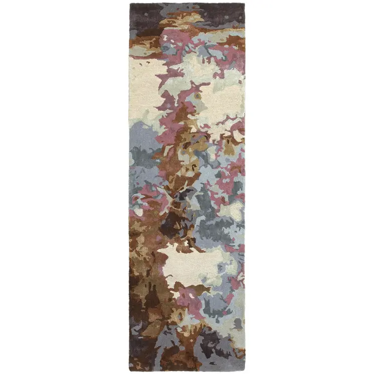 8' Blue And Brown Abstract Hand Tufted Runner Rug