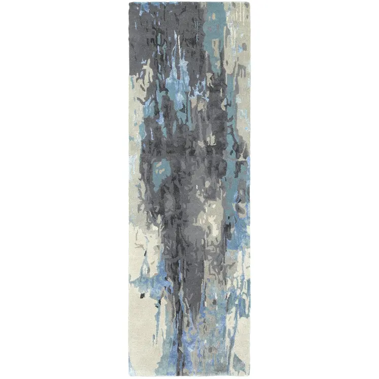 8' Blue And Gray Abstract Hand Tufted Runner Rug