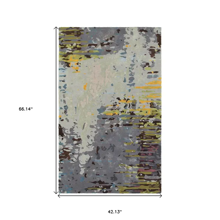 4' X 6' Gray Yellow And Black Abstract Hand Tufted Area Rug
