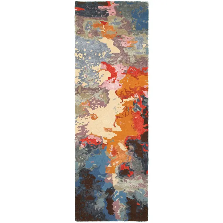 8' Pink Orange And Blue Abstract Hand Tufted Runner Rug