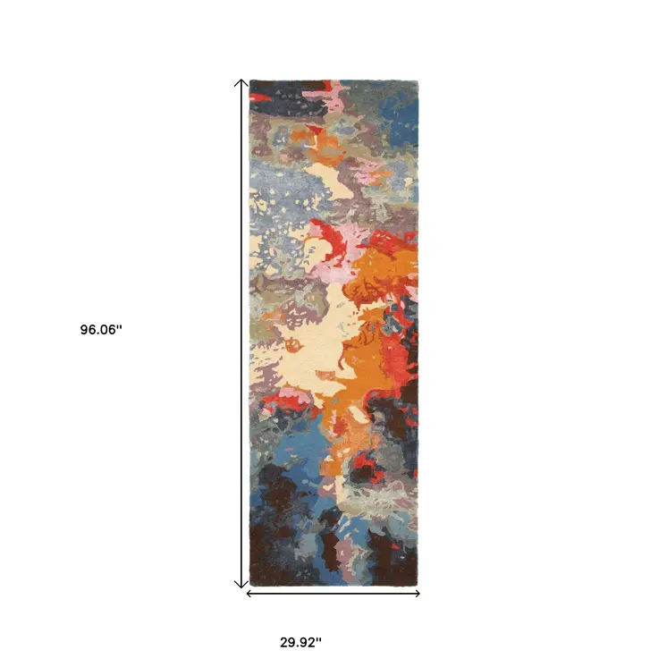 8' Pink Orange And Blue Abstract Hand Tufted Runner Rug