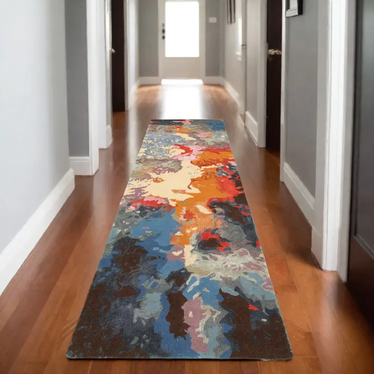 8' Pink Orange And Blue Abstract Hand Tufted Runner Rug