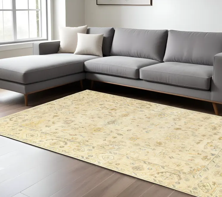 6' X 9' Beige And Gray Wool Oriental Hand Knotted Area Rug