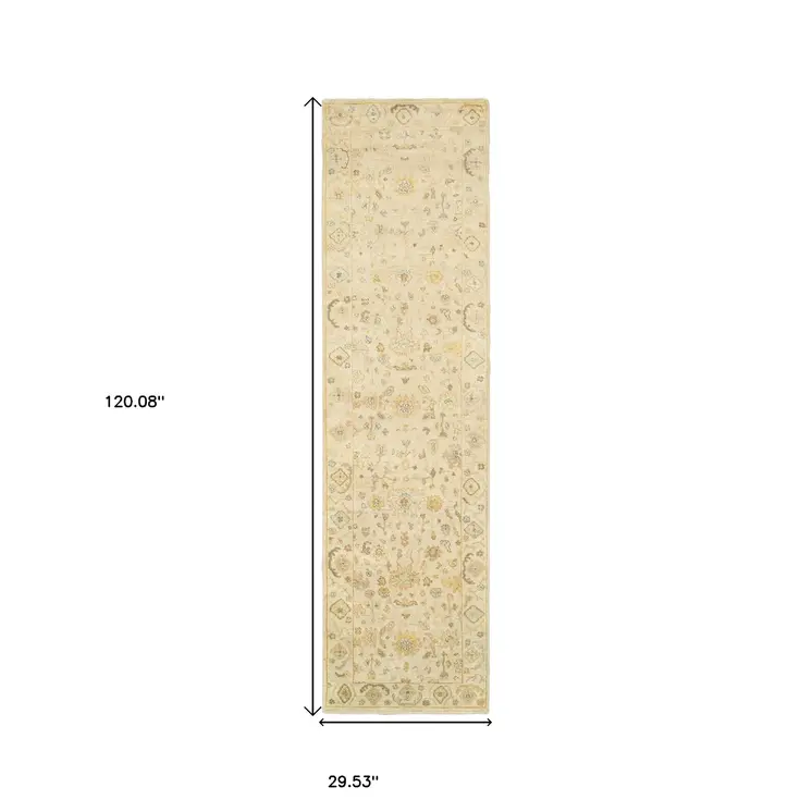 10' Beige And Gray Wool Oriental Hand Knotted Runner Rug
