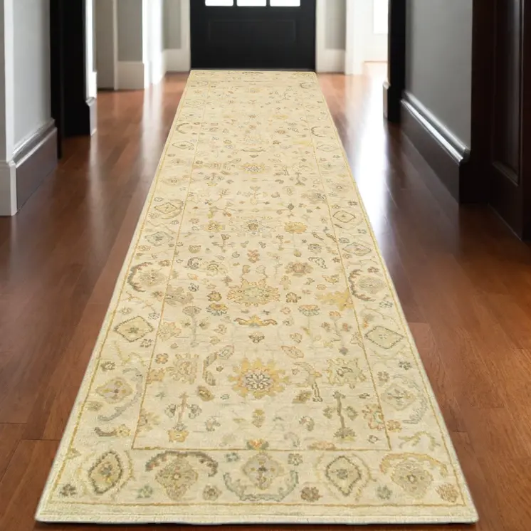 10' Beige And Gray Wool Oriental Hand Knotted Runner Rug