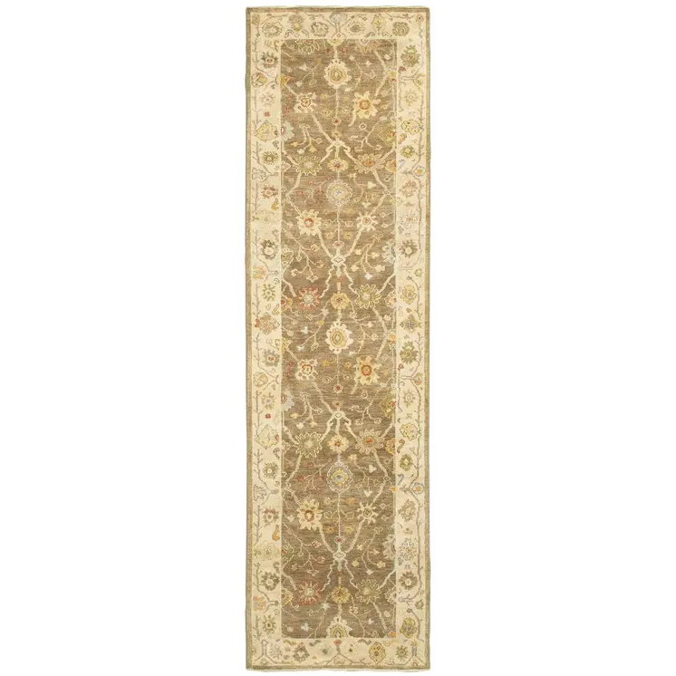 10' Brown And Beige Wool Oriental Hand Knotted Runner Rug