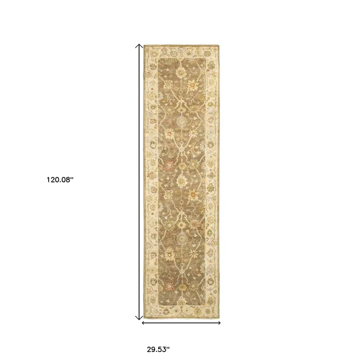 10' Brown And Beige Wool Oriental Hand Knotted Runner Rug