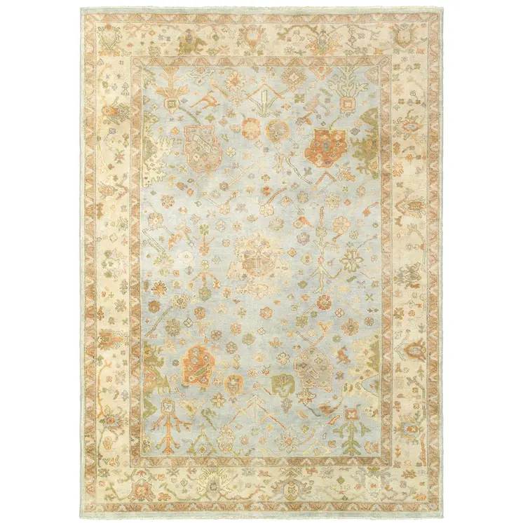 6' X 9' Blue And Sand Wool Oriental Hand Knotted Area Rug