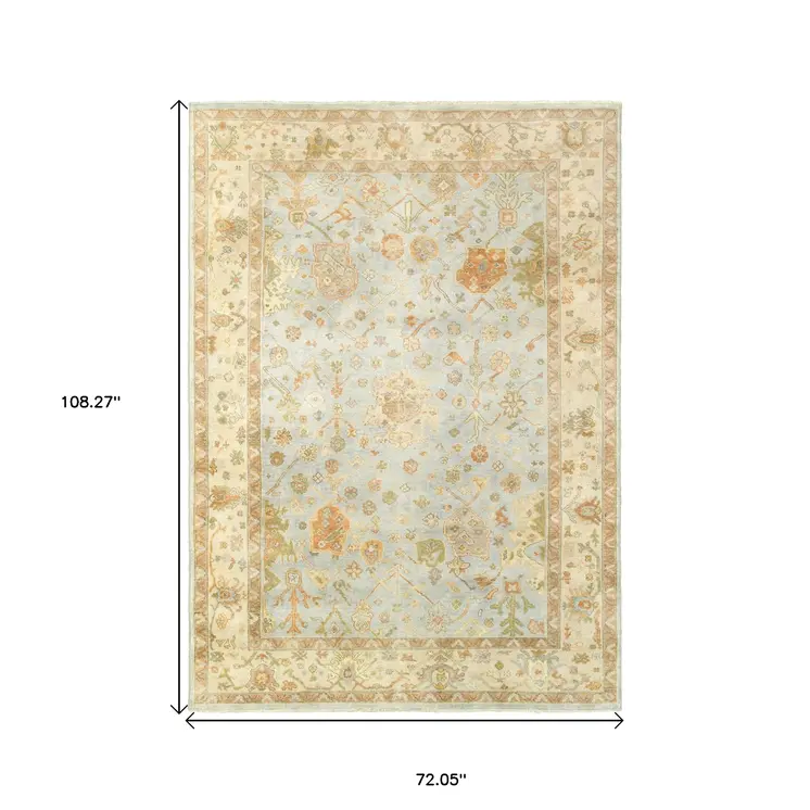 6' X 9' Blue And Sand Wool Oriental Hand Knotted Area Rug