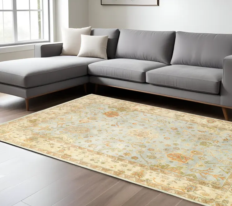 6' X 9' Blue And Sand Wool Oriental Hand Knotted Area Rug
