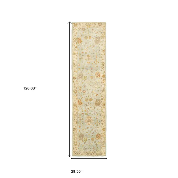 10' Blue And Sand Wool Oriental Hand Knotted Runner Rug