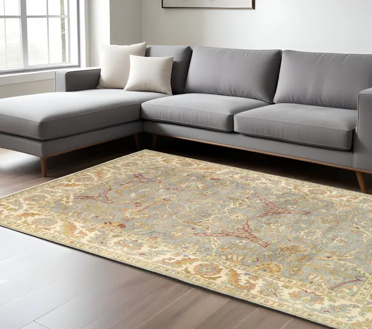 6' X 9' Gray And Beige Wool Oriental Hand Knotted Area Rug
