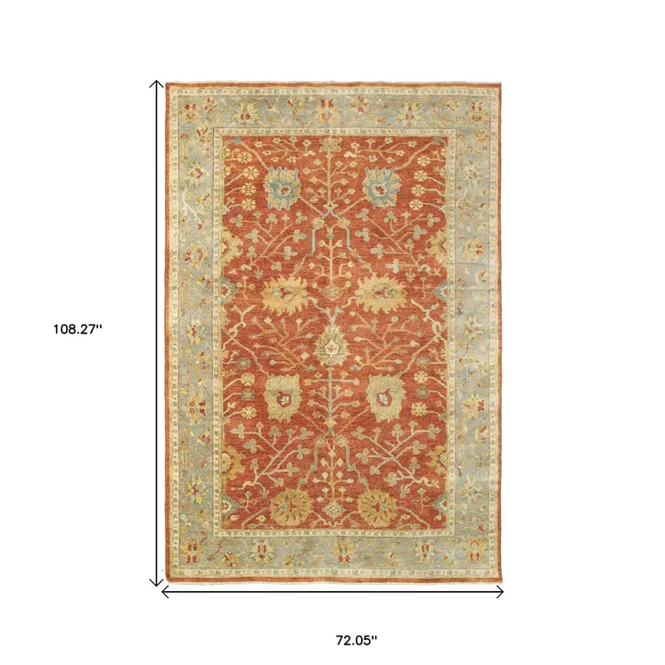 6' X 9' Red And Gray Wool Oriental Hand Knotted Area Rug