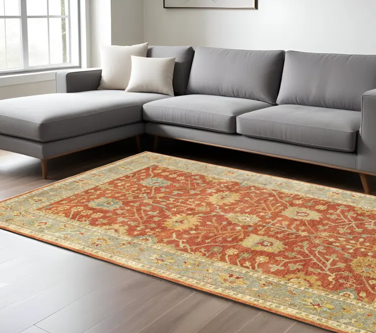6' X 9' Red And Gray Wool Oriental Hand Knotted Area Rug
