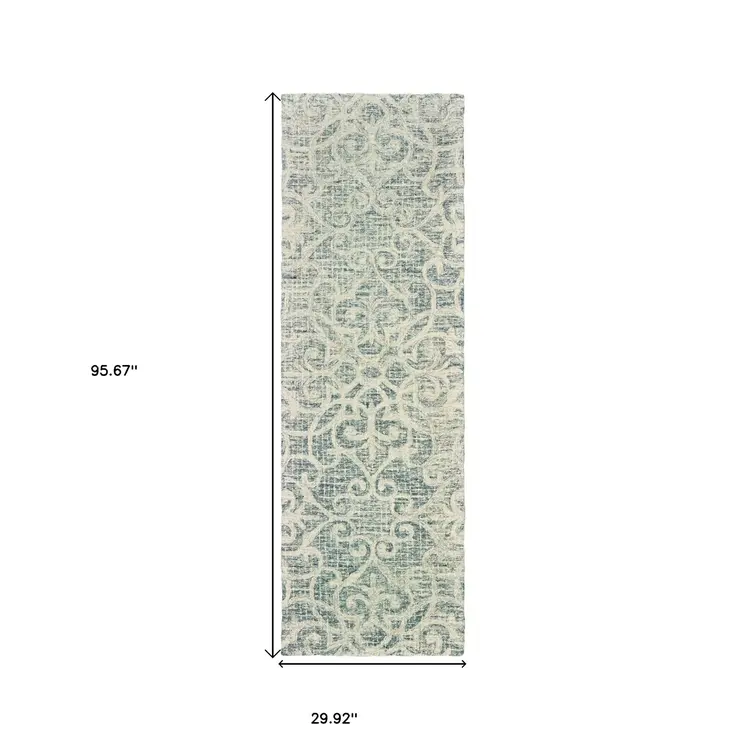 8' Gray And Ivory Wool Geometric Hand Tufted Runner Rug