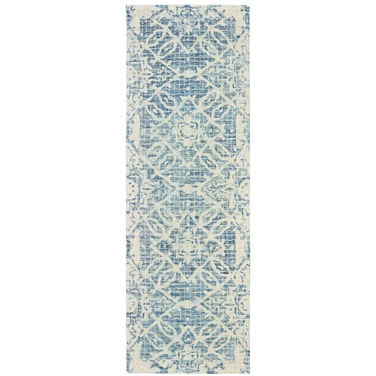8' Blue And Ivory Wool Geometric Hand Tufted Runner Rug