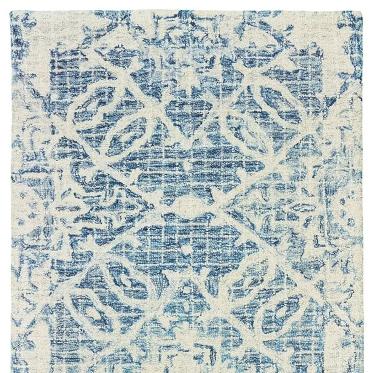 8' Blue And Ivory Wool Geometric Hand Tufted Runner Rug