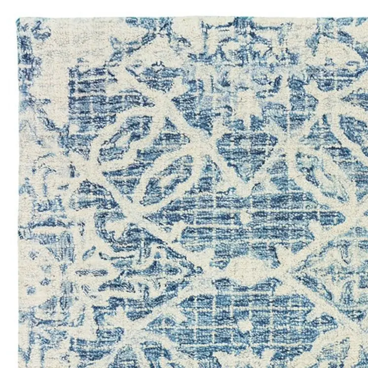 8' Blue And Ivory Wool Geometric Hand Tufted Runner Rug