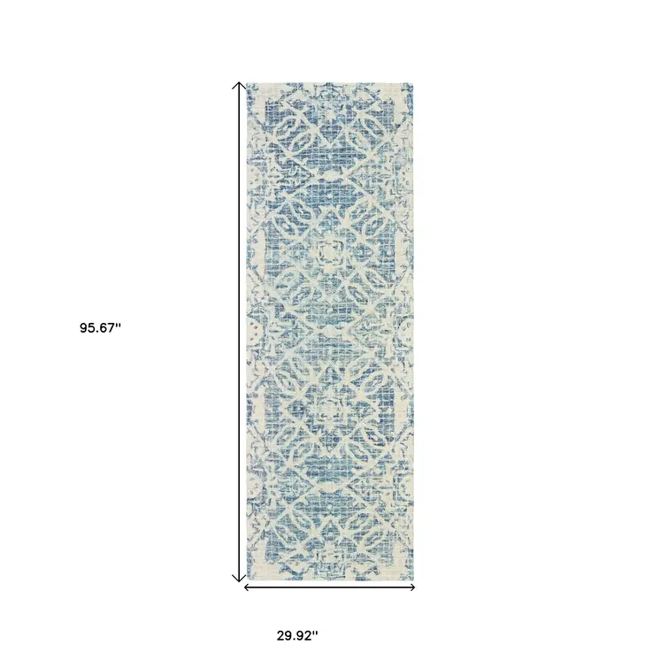 8' Blue And Ivory Wool Geometric Hand Tufted Runner Rug