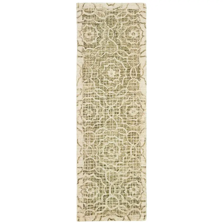 8' Green And Ivory Wool Geometric Hand Tufted Runner Rug