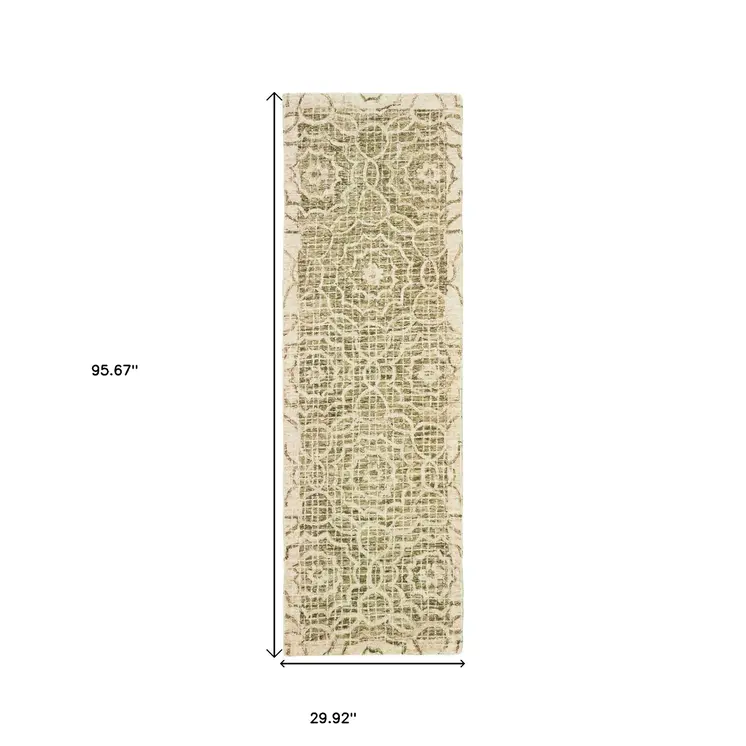 8' Green And Ivory Wool Geometric Hand Tufted Runner Rug