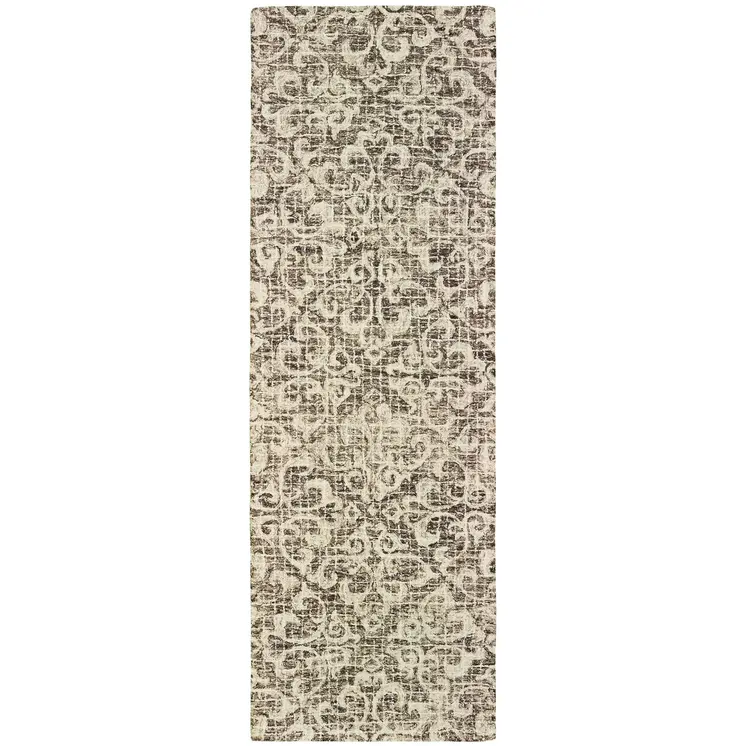 8' Brown And Ivory Wool Floral Hand Tufted Runner Rug