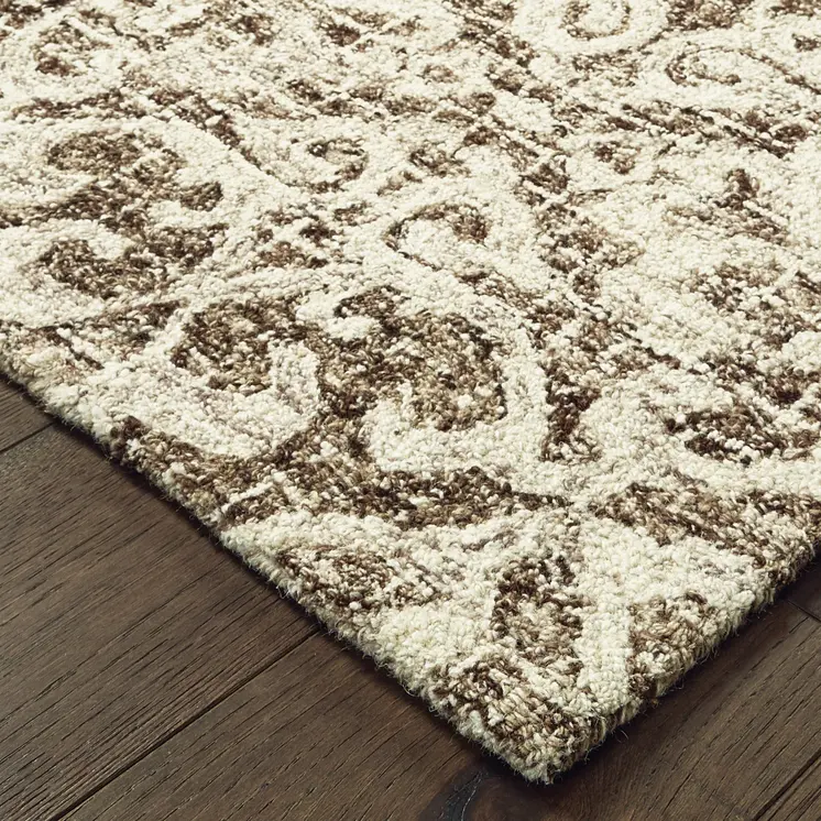 8' Brown And Ivory Wool Floral Hand Tufted Runner Rug